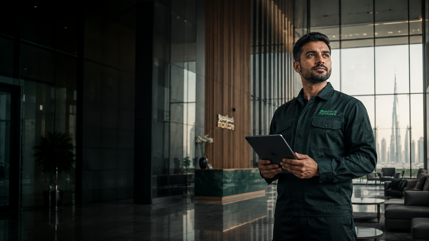 MaxiCare facilities professional with a tablet in a Dubai corporate lobby