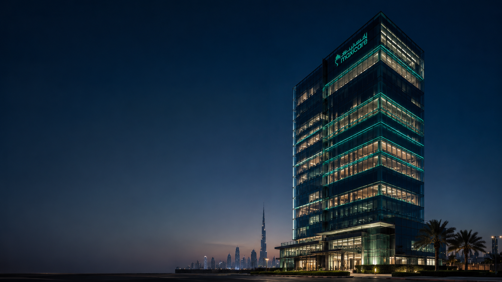 MaxiCare commercial tower in Dubai at blue hour