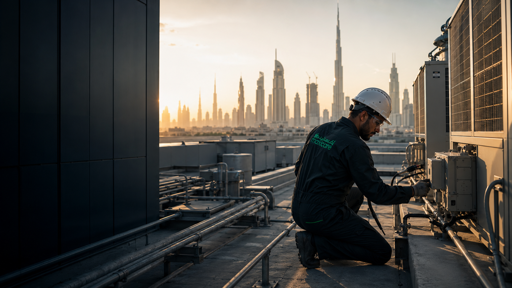 MaxiCare technician servicing rooftop HVAC with the Dubai skyline behind